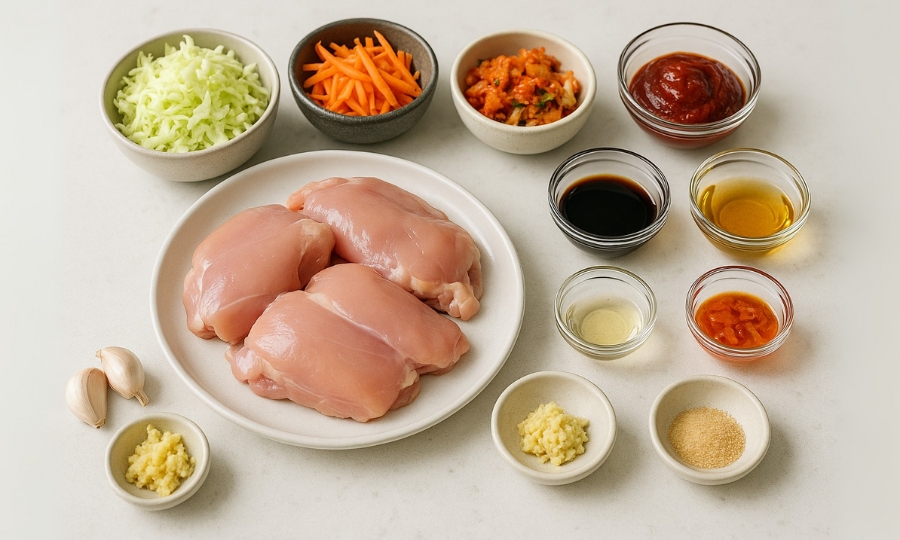 Spicy Korean BBQ Chicken with Kimchi Slaw ingredients