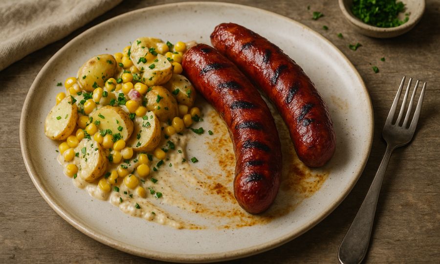 Cajun Smoked Sausages with Corn & Potato Salad