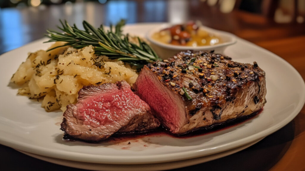 Grass-fed beef steak with garlic and rosemary finished with Himalayan salt