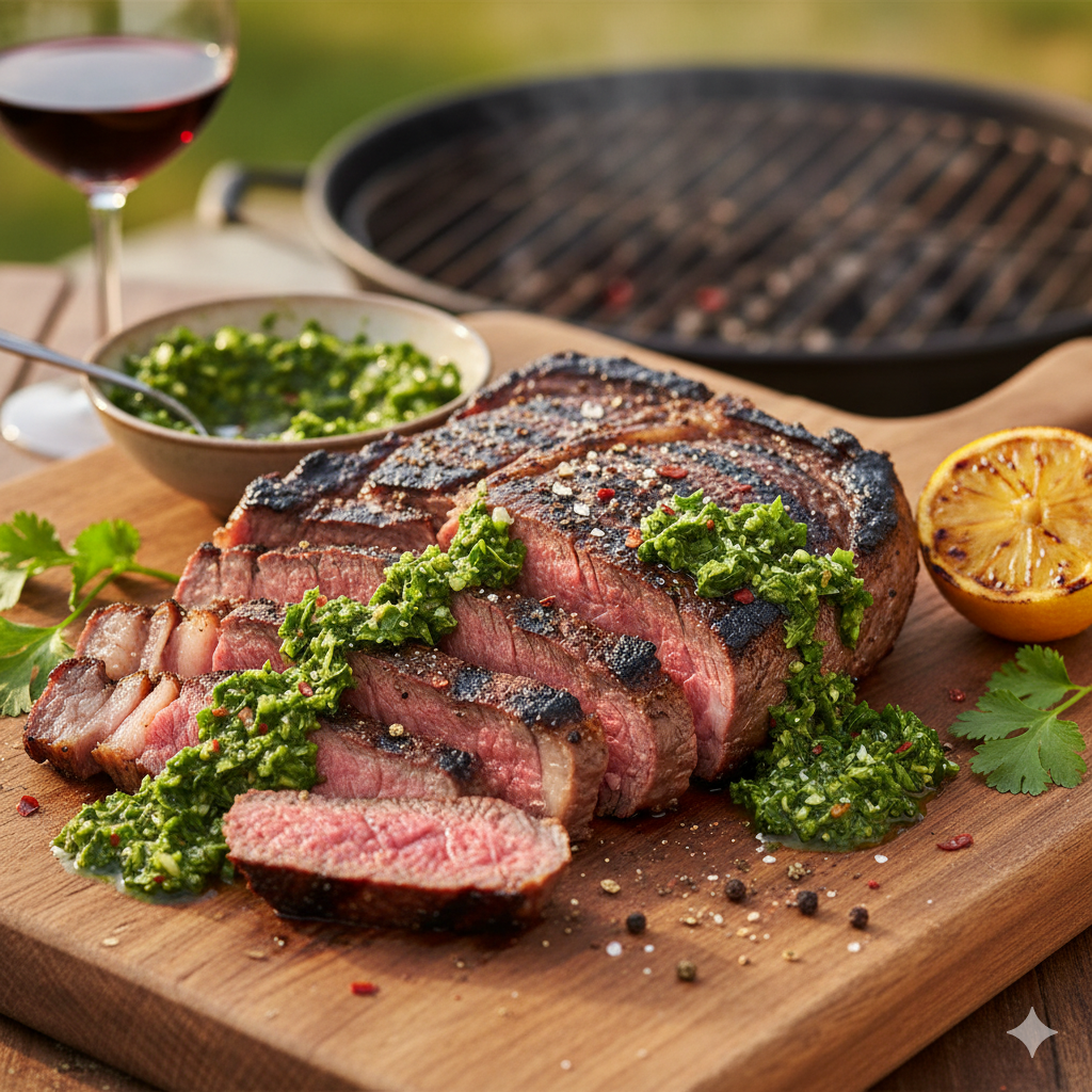Grilled beef blade steak sliced with chimichurri sauce and herbs on a serving board